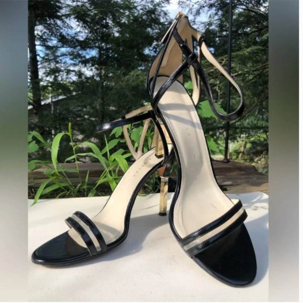 Mia Becar Leather Black Gold Heel back zipper High Heels open toe 38.5 US 8.5